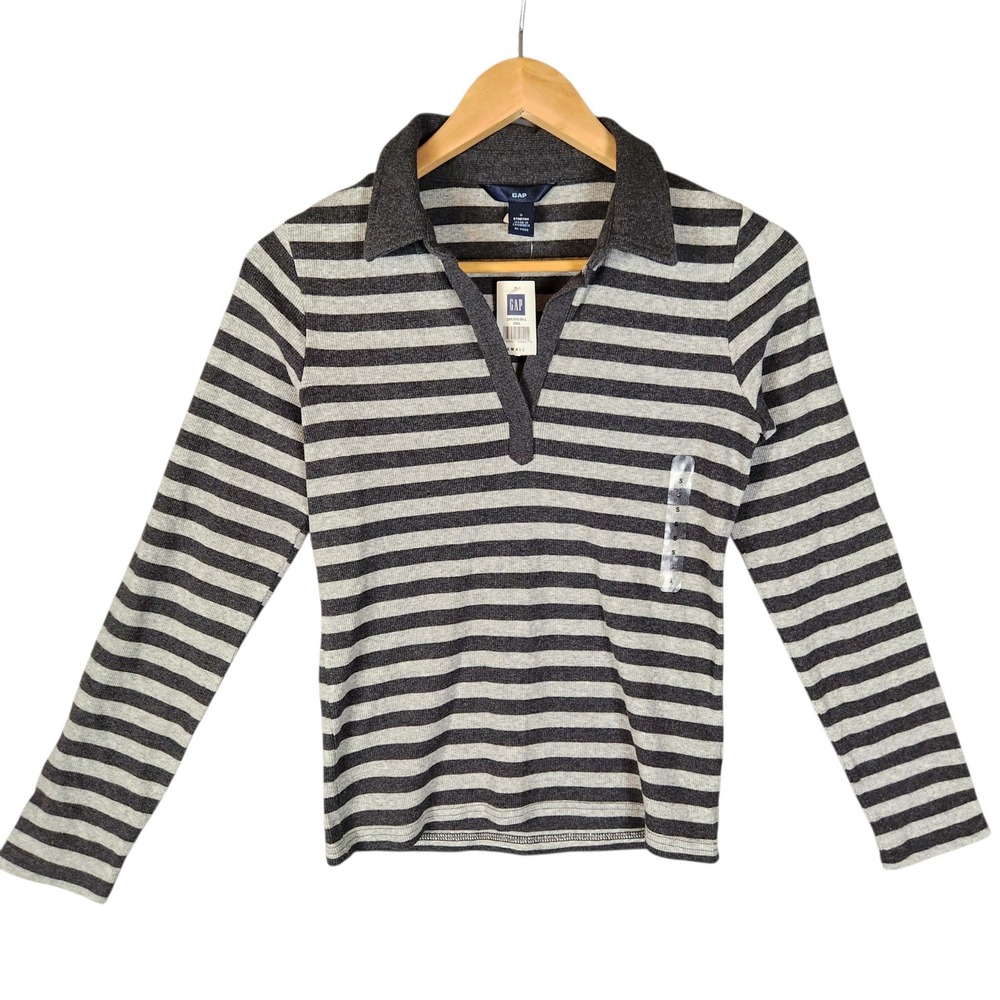 Vintage Y2K Deadstock Gap Polo Shirt Women's S Gray Striped Long Sleeve Ribbed